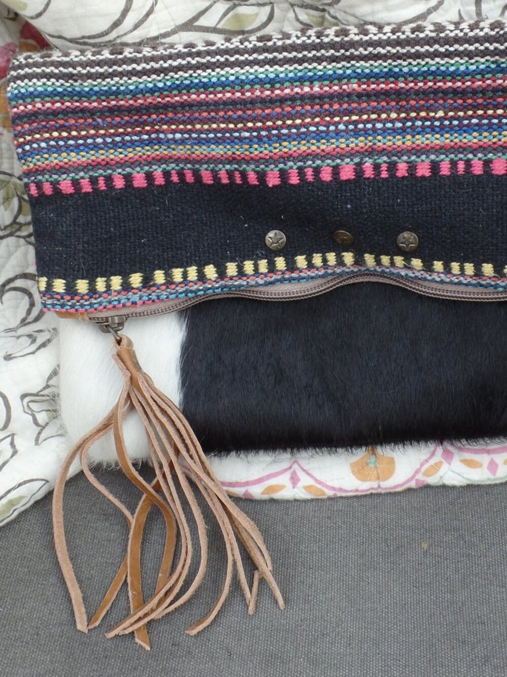 Bhrayna Bag Pony Tribal Design Fold Over Cotton & Leather Clutch - Picture 2 of 10